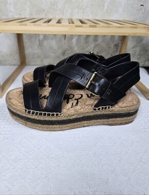 Sam Edelman Black Leather Espadrille Flatform Sandals Size 7.5